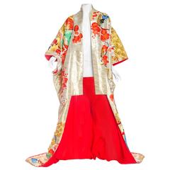 Japanese Kimono Embroidered with Dancing Figures and Fans