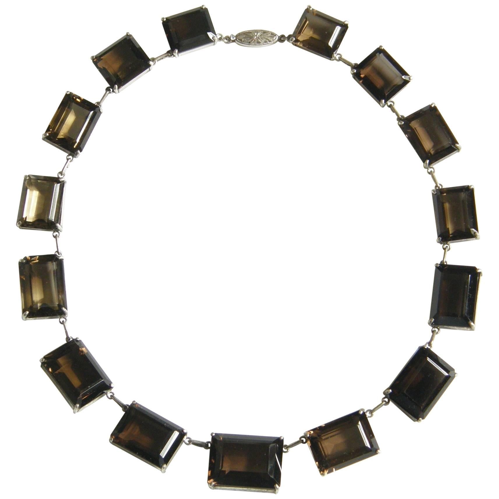 Sterling Choker Necklace Set with Faceted Emerald Cut Smoky Quartz