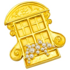 Vintage Rare Karl Lagerfeld Gilted Window Brooch with Pearls