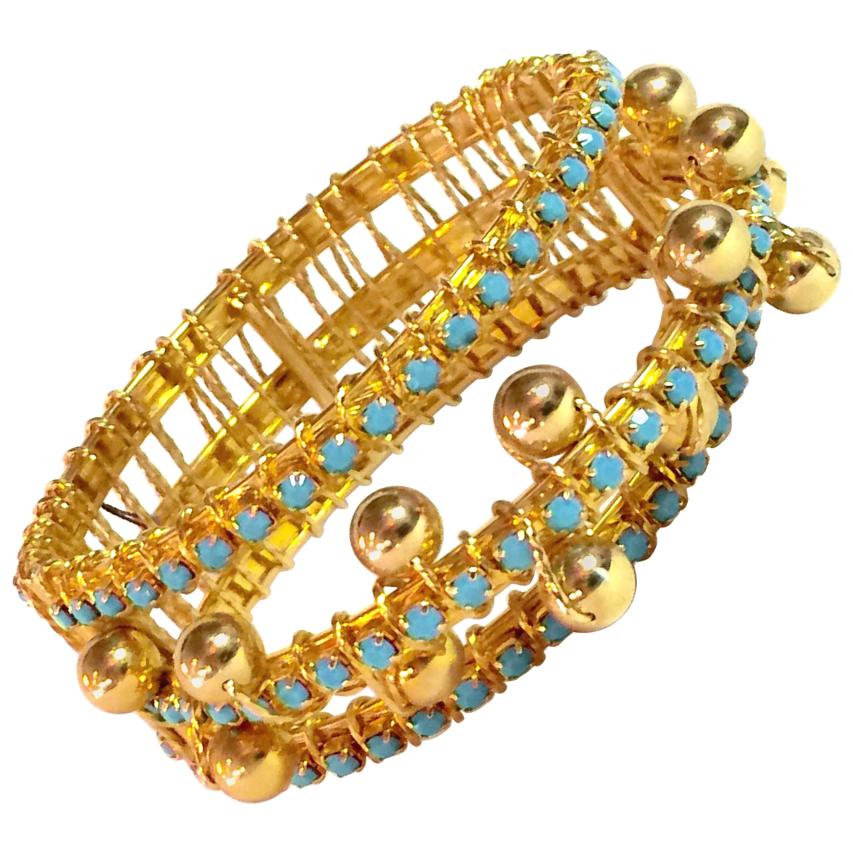 DeLillo Modernist Wirewrapped Goldtone Aqua Stones & Ball Accent Hinged Bracelet For Sale