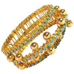 Retro DeLillo Modernist Wirewrapped Goldtone Aqua Stones & Ball Accent Hinged Bracelet