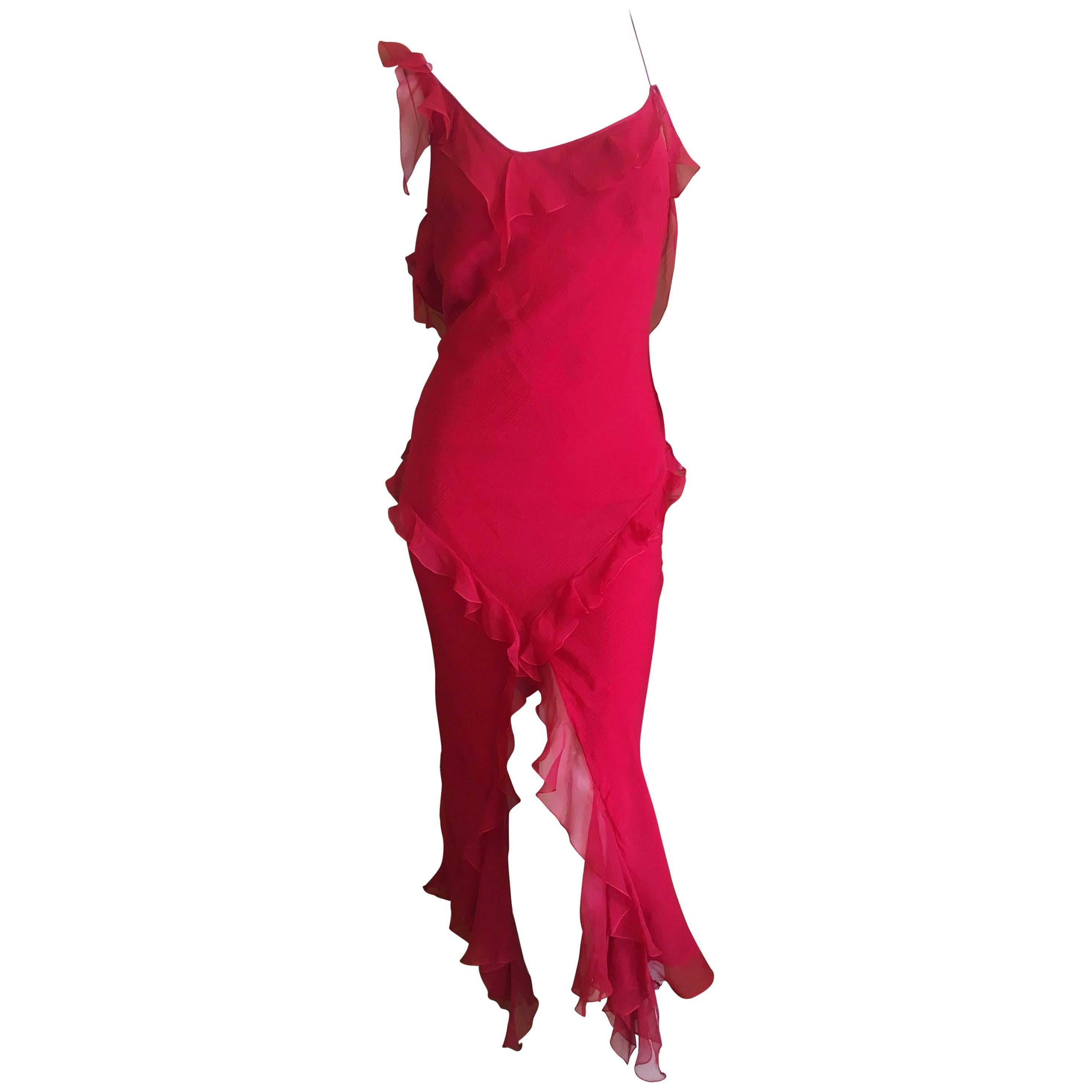 Christian Dior by John Galliano Ruffled Red Silk Dress For Sale
