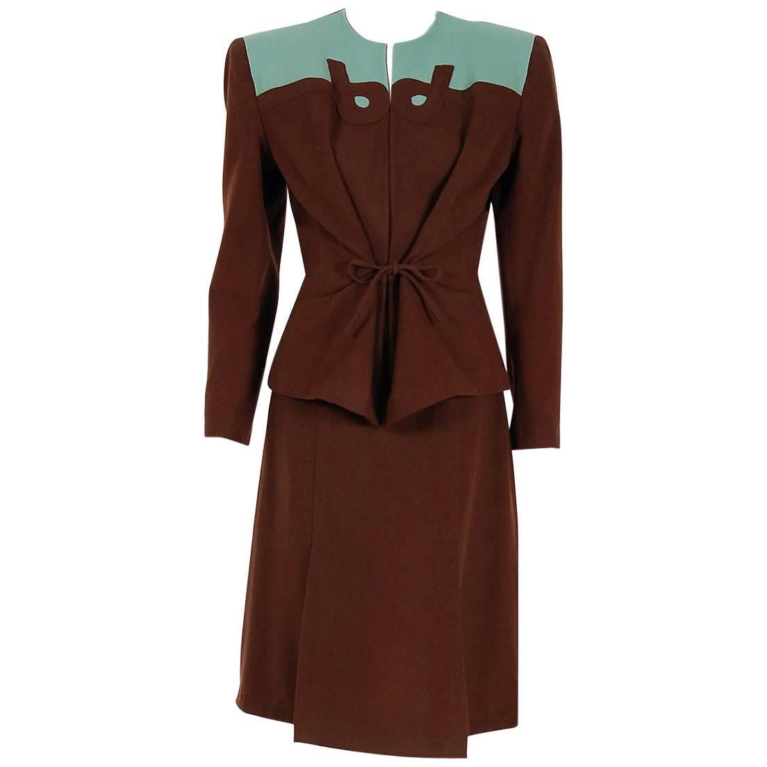 1940's Audrey Alan Blue & Brown Block-Color Deco Wool Belted Jacket Skirt Suit