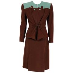 Vintage 1940's Audrey Alan Blue & Brown Block-Color Deco Wool Belted Jacket Skirt Suit