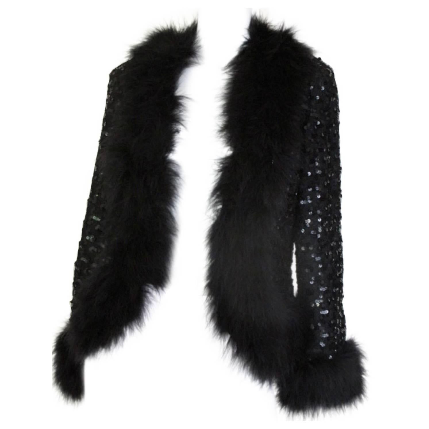 Lillian Diamond Black Marabou Sequin Jacket For Sale