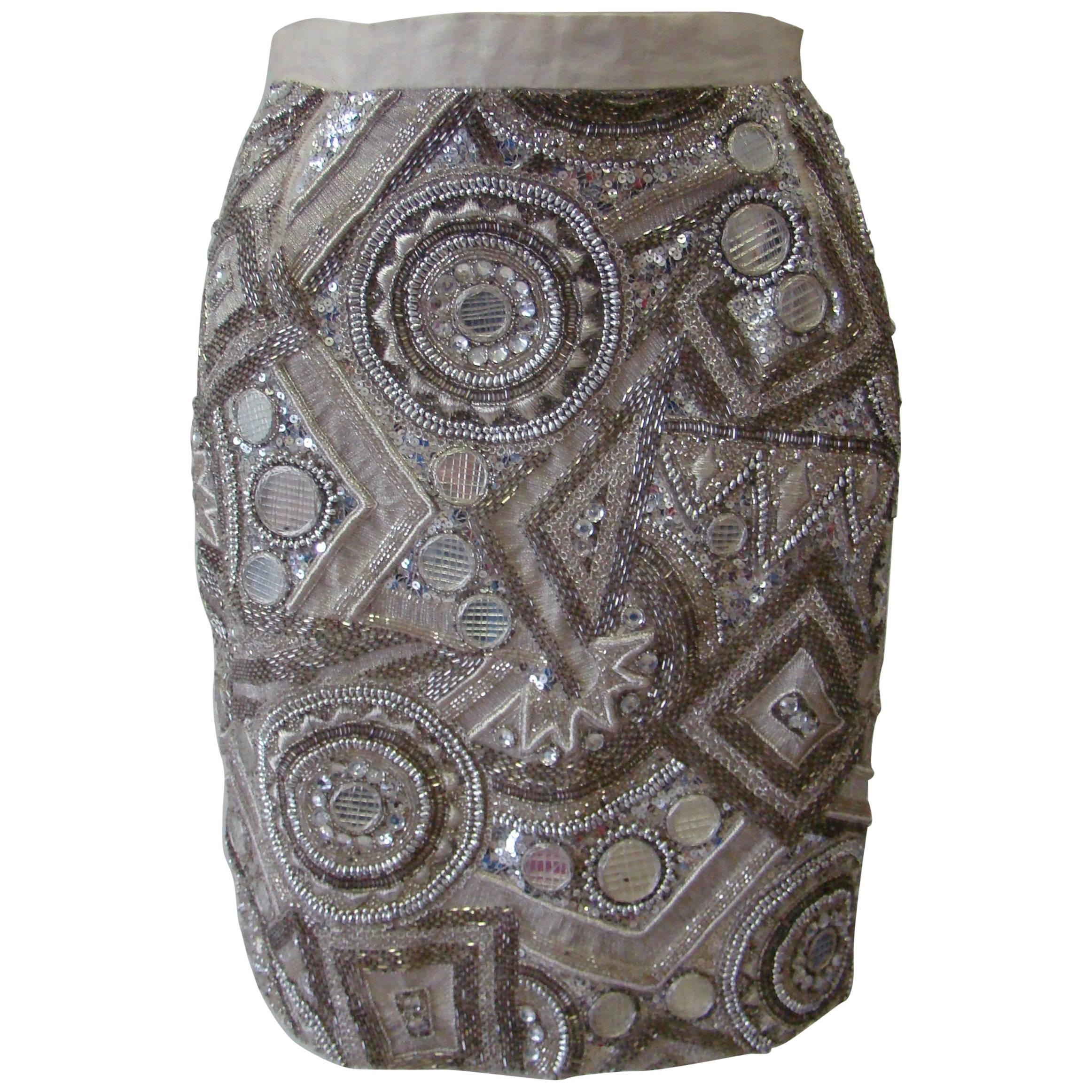 Very Rare Ella Singh Embroidered Silk Sequin Mini Skirt 1990s For Sale