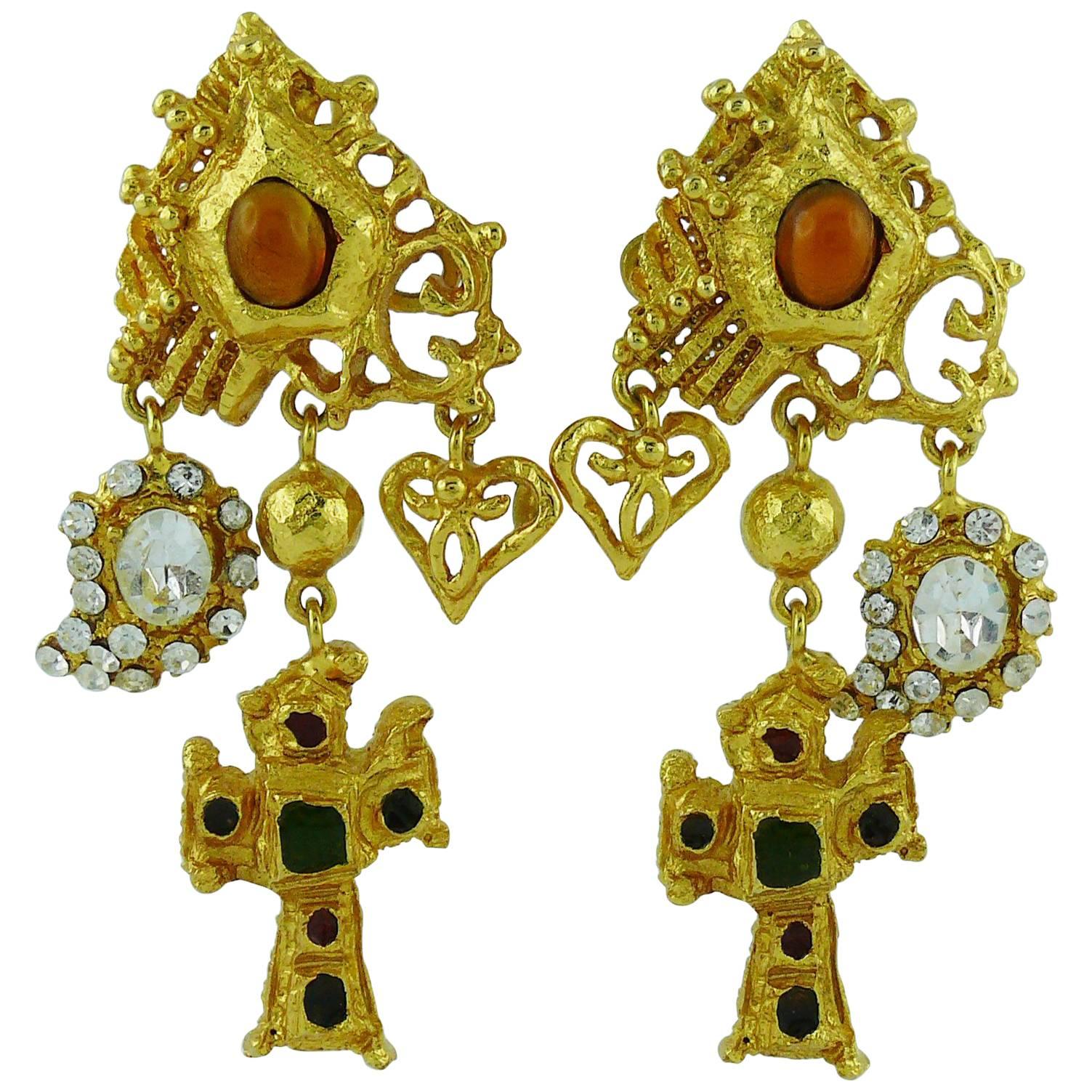 Christian Lacroix Vintage Jewelled Baroque Cross Dangling Earrings