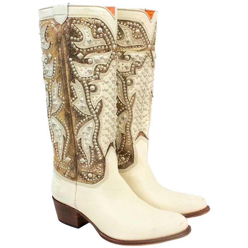 Frye Gold And Cream Studded Tall Cowboy Boots For Sale