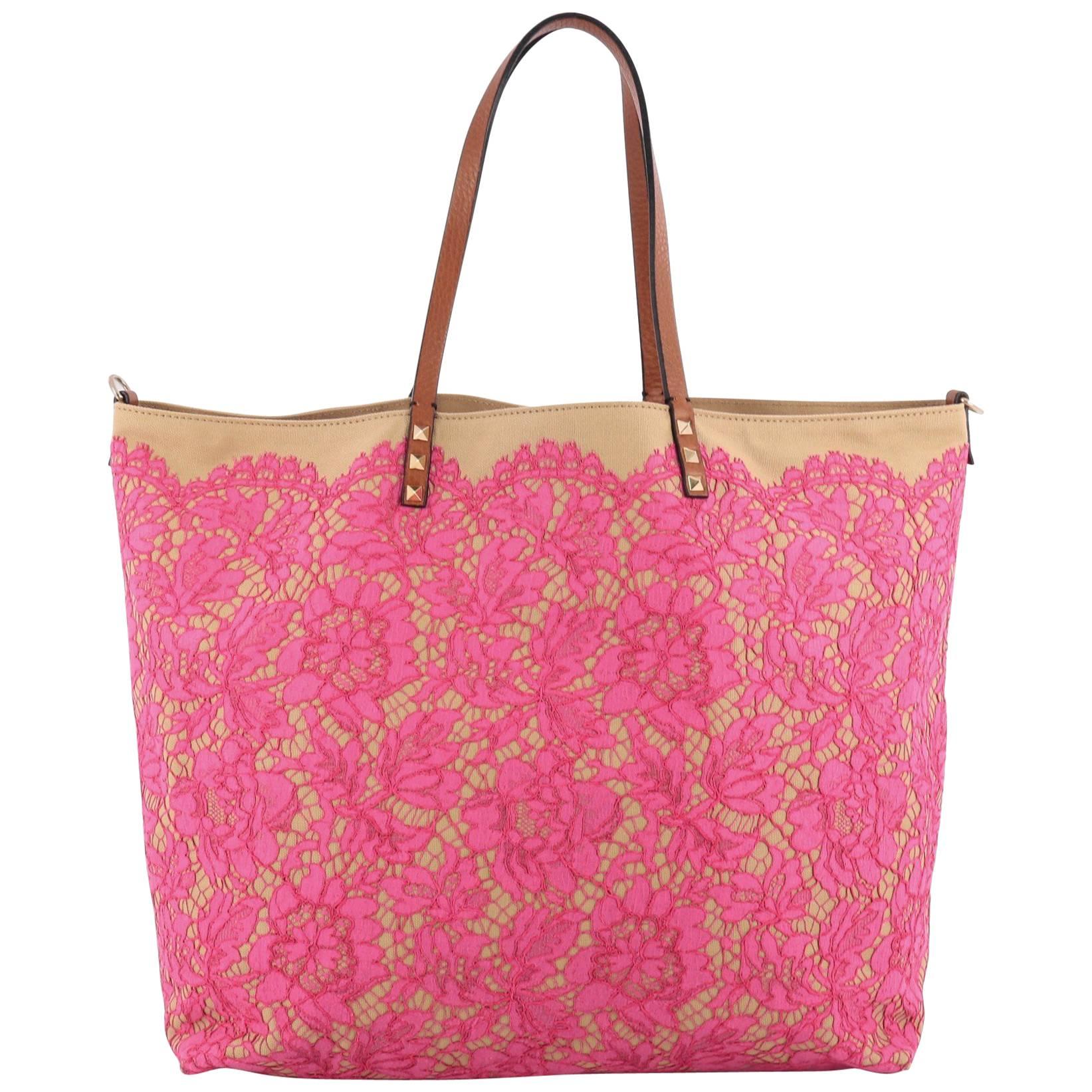Valentino Glam Rockstud Reversible Tote Lace and Canvas
