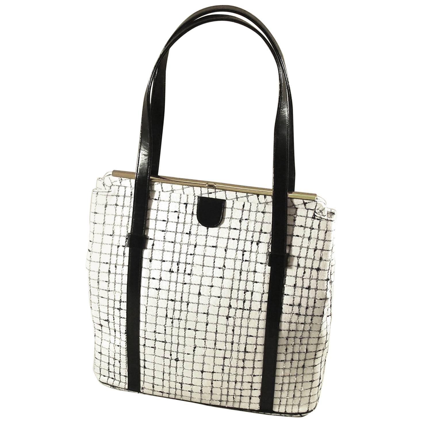 Unusual Navy and Ivory White Plaid Bag with Double Handles.  SPRING! For Sale