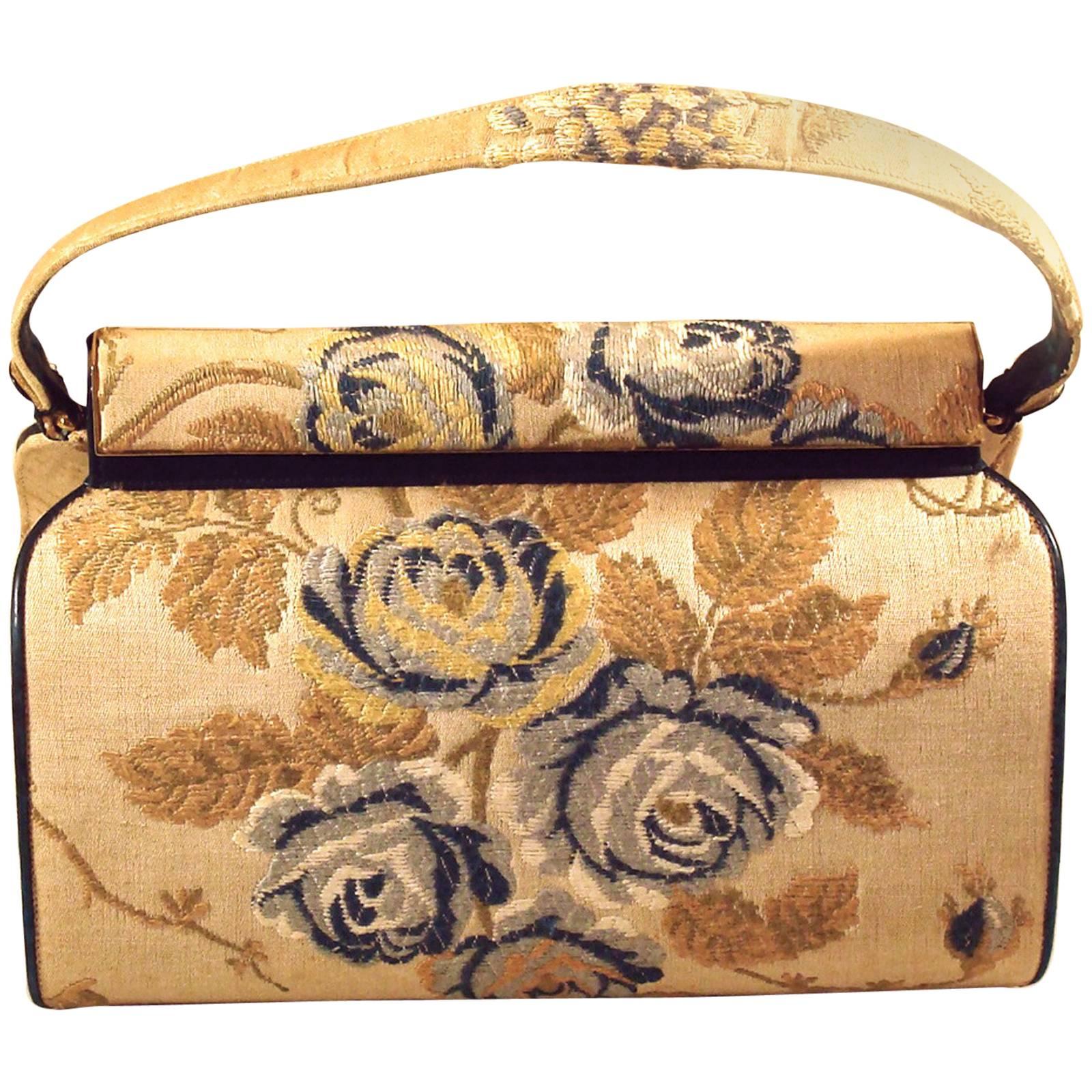 Rare Structured Purse in Floral, Embroidered Fabric by Nettie Rosenstein