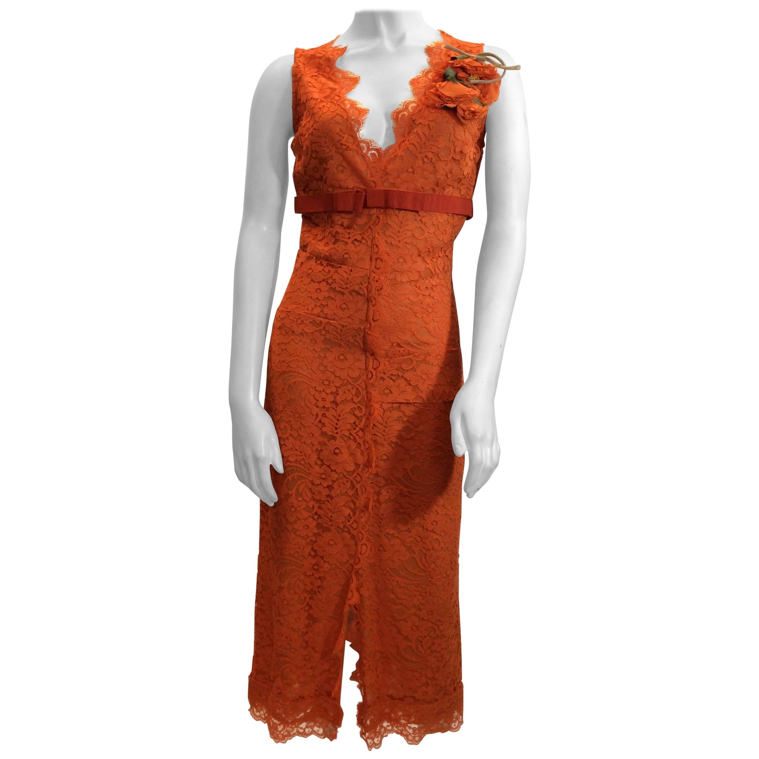 Dolce & Gabanna Lace Orange V Neck Dress  For Sale