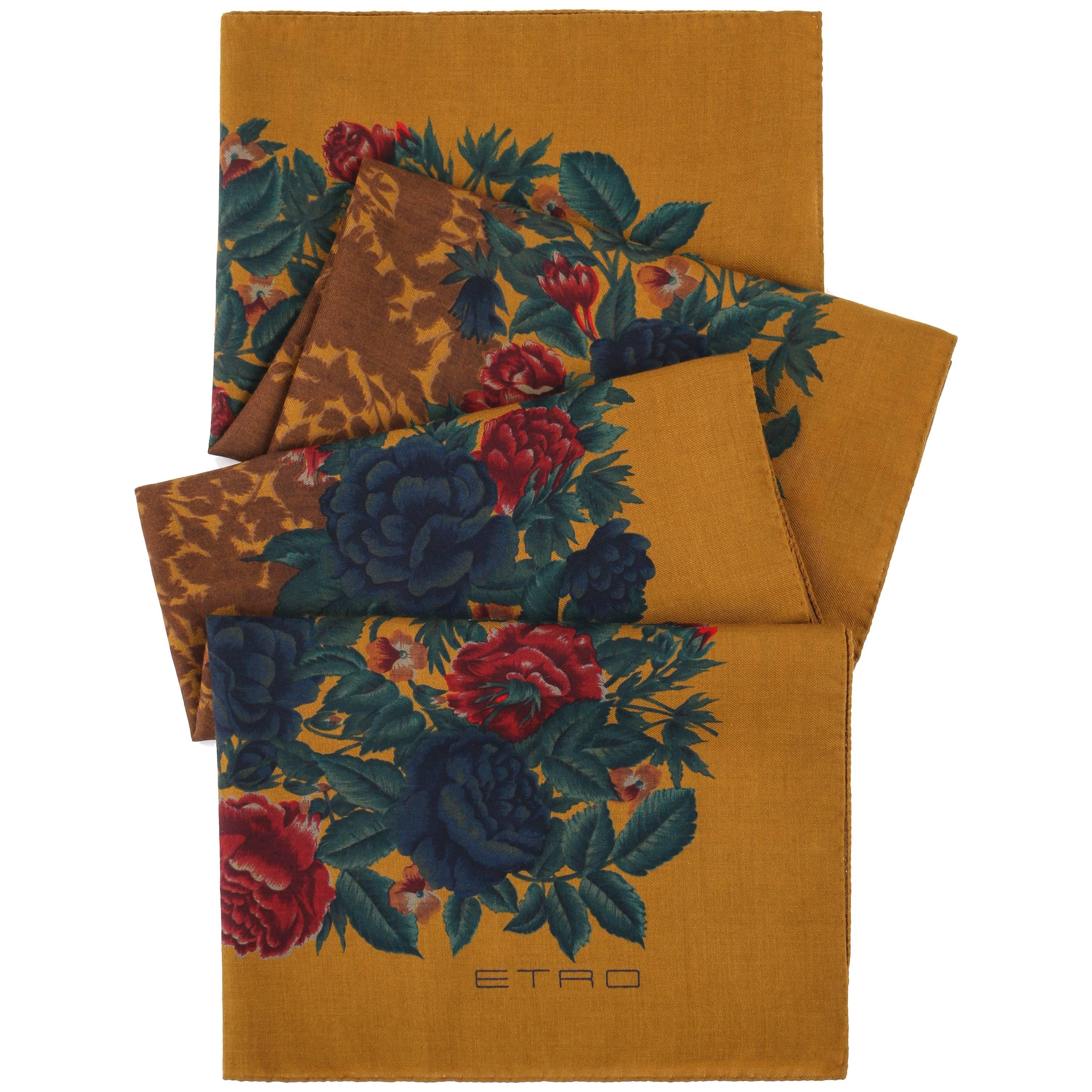 ETRO Gold Multicolor Floral Print Large Wool Silk Wrap Scarf 