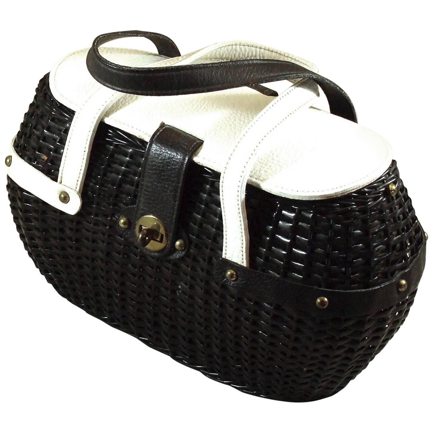 Black and White Woven Purse with Asymmetrical Leather Trim for Summer 