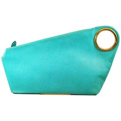 Mod and Large Asymetrical Turquoise Pebble Grain Leather Clutch  Spring!  