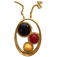 Vintage DeLillo Modernist Goldtone Oval Pendant Necklace Cabochon Diamante Detail