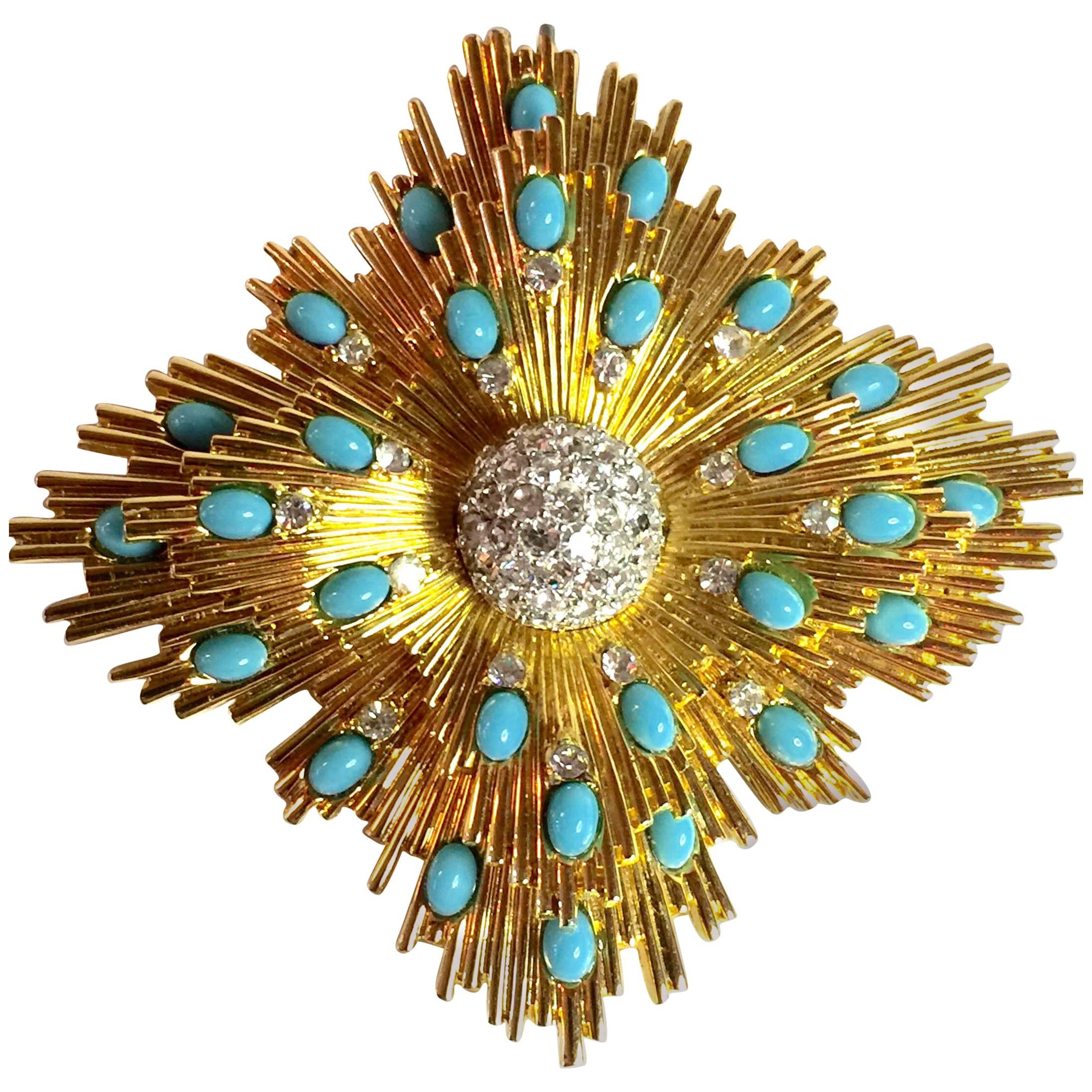 Jomaz Modernist Quatrefoil Sunburst Goldtone Diamante Aqua Cabochon Brooch Pin 