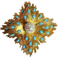 Vintage Jomaz Modernist Quatrefoil Sunburst Goldtone Diamante Aqua Cabochon Brooch Pin 