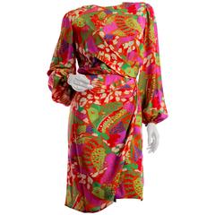 Bill Blass Floral Silk Dress Bishop Sleeves Abstract Print 1980s Sz 10