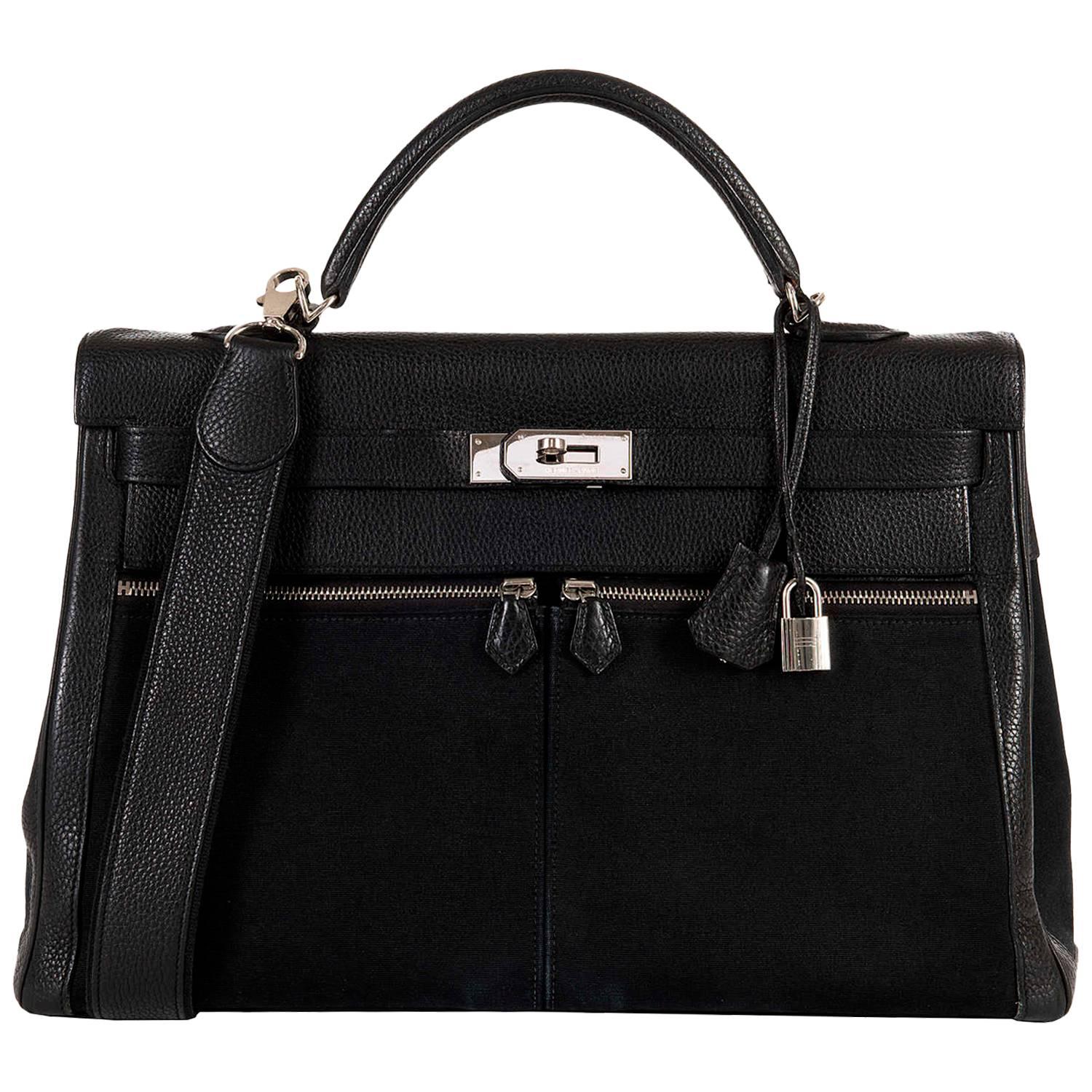 So So Rare Hermes 40cm Black on Black kelly 'Lakis' Bag with Palladium Hardware For Sale