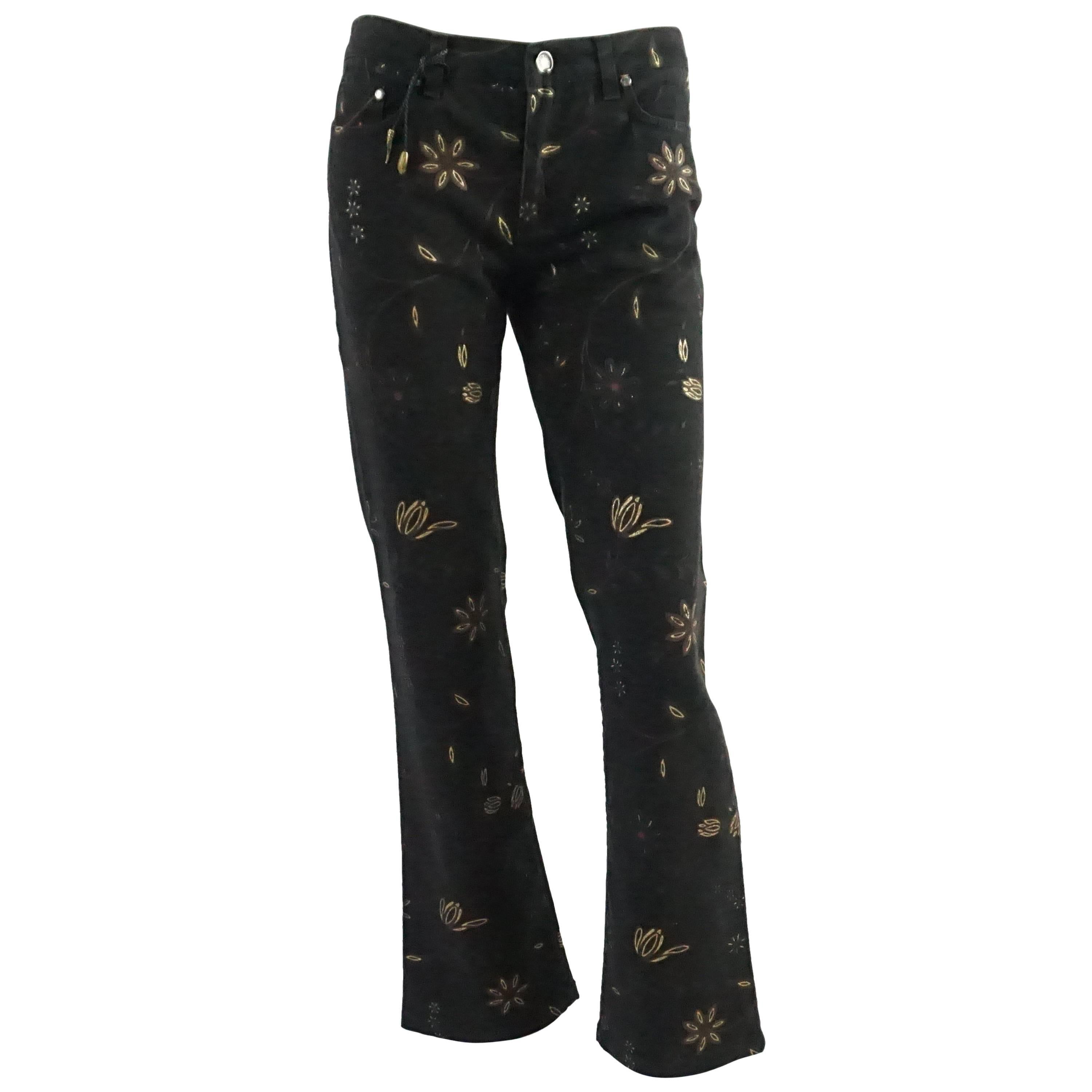Roberto Cavalli 1990's Mid Waisted Black and Gold Floral Print Jeans-Small-NWT For Sale