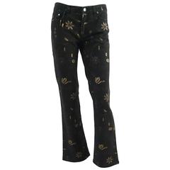 Roberto Cavalli Black Jeans with Gold Metallic Floral Print, Size S - NWT