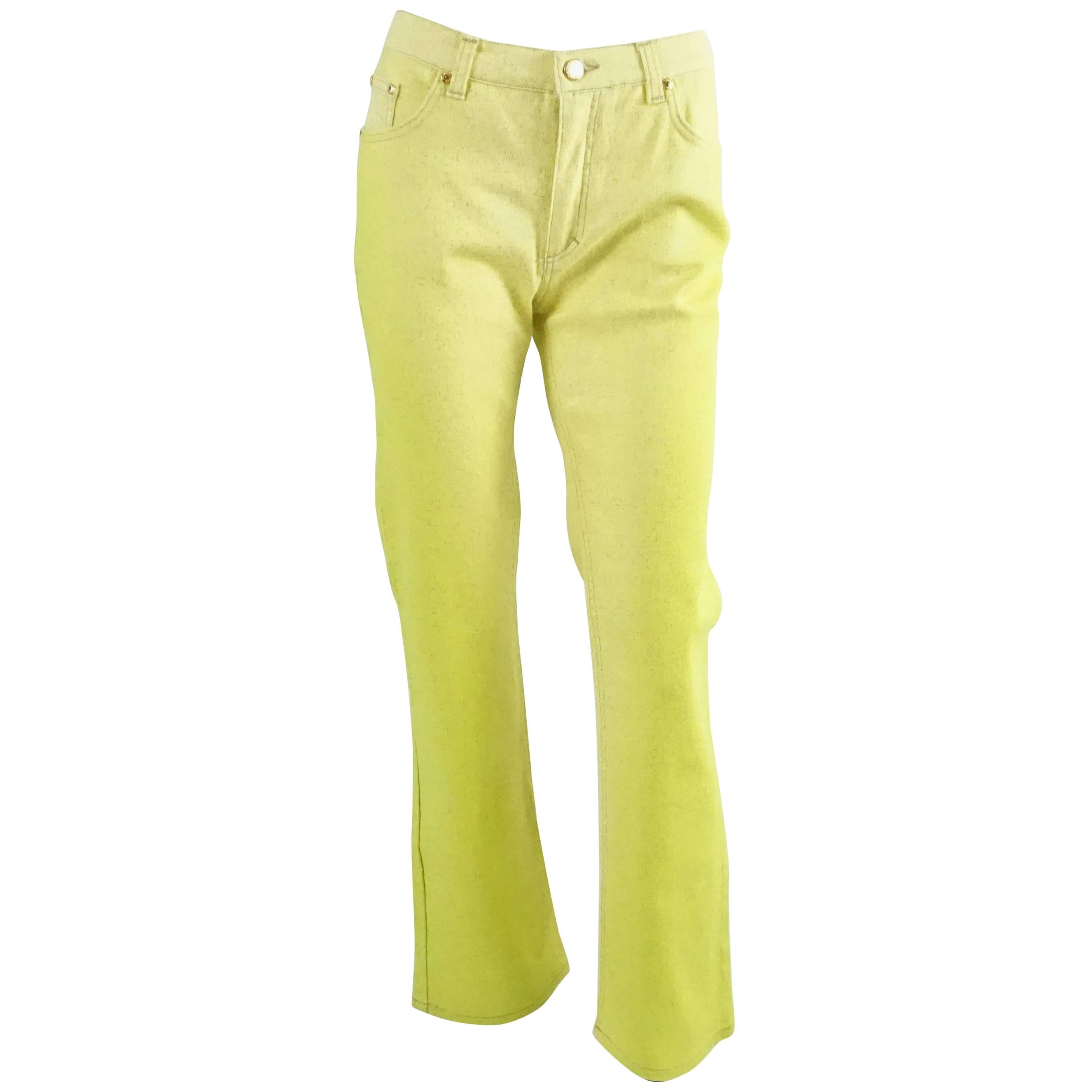 Roberto Cavalli 1990er Jahre Jeans mit hoher Taille und gelbem Glitterstiefelschliff - Größe Medium