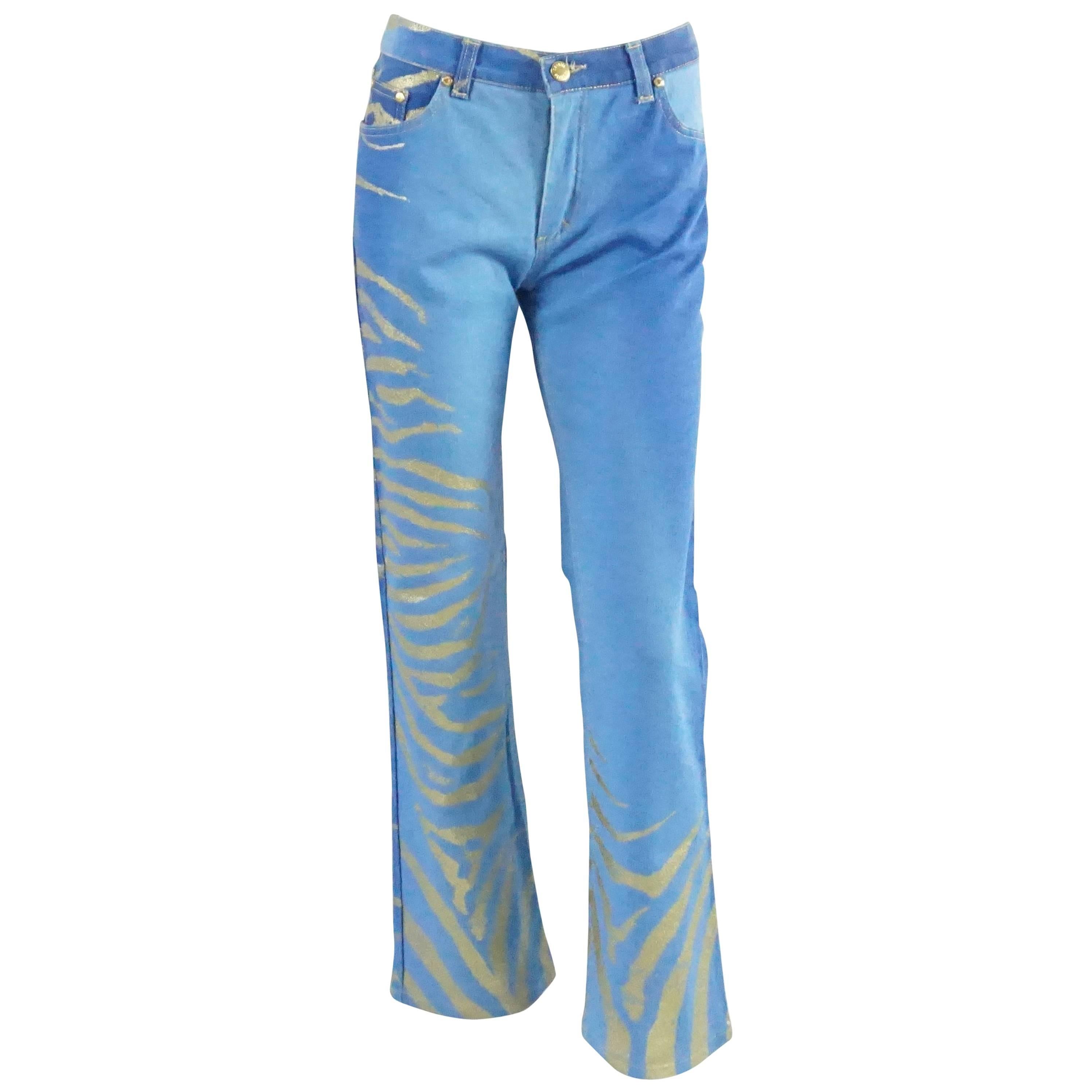 Roberto Cavalli Blue Jeans with Gold Glitter Zebra Print, Size S