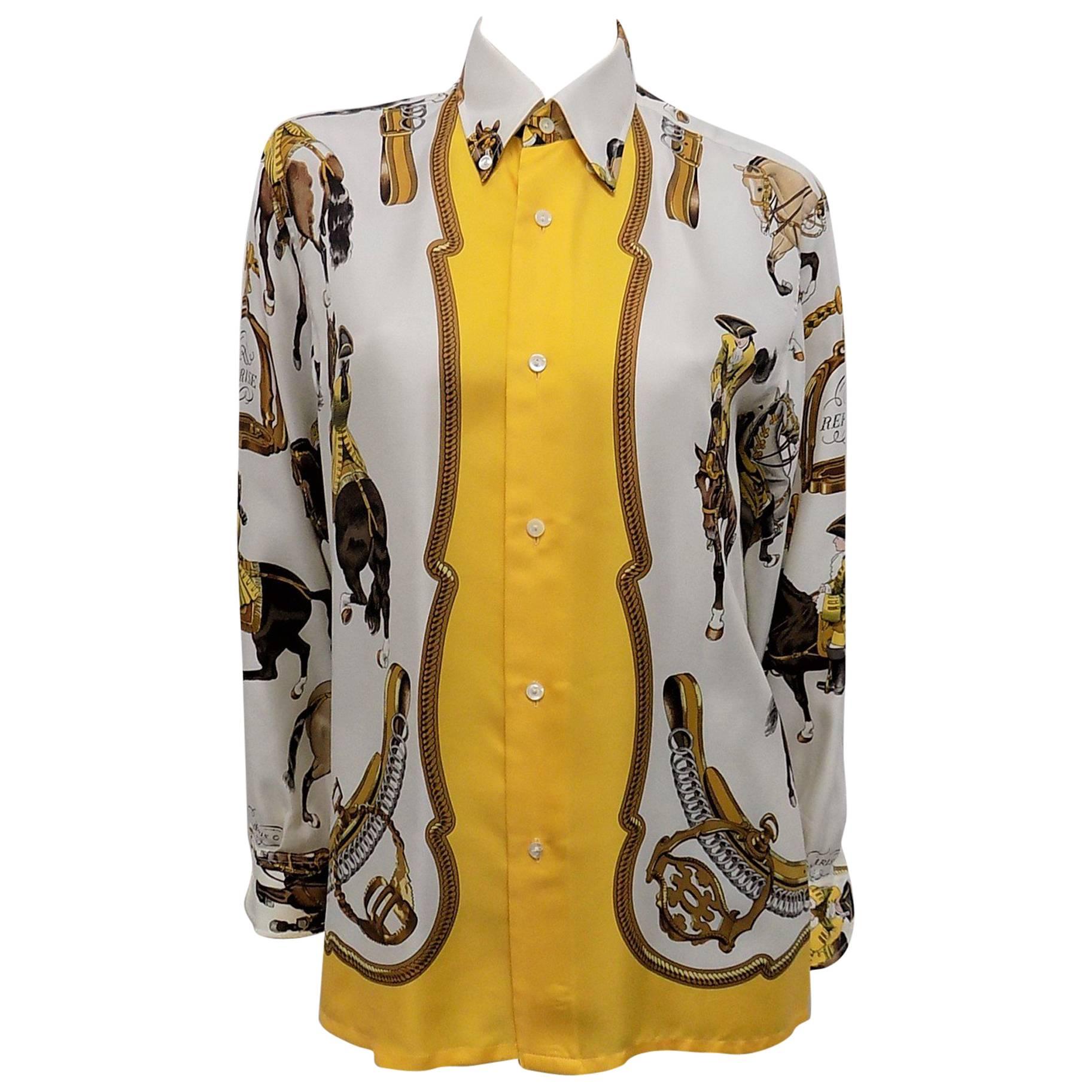 Hermes vintage silk equestrian buttondown shirt blouse "Reprise".for men