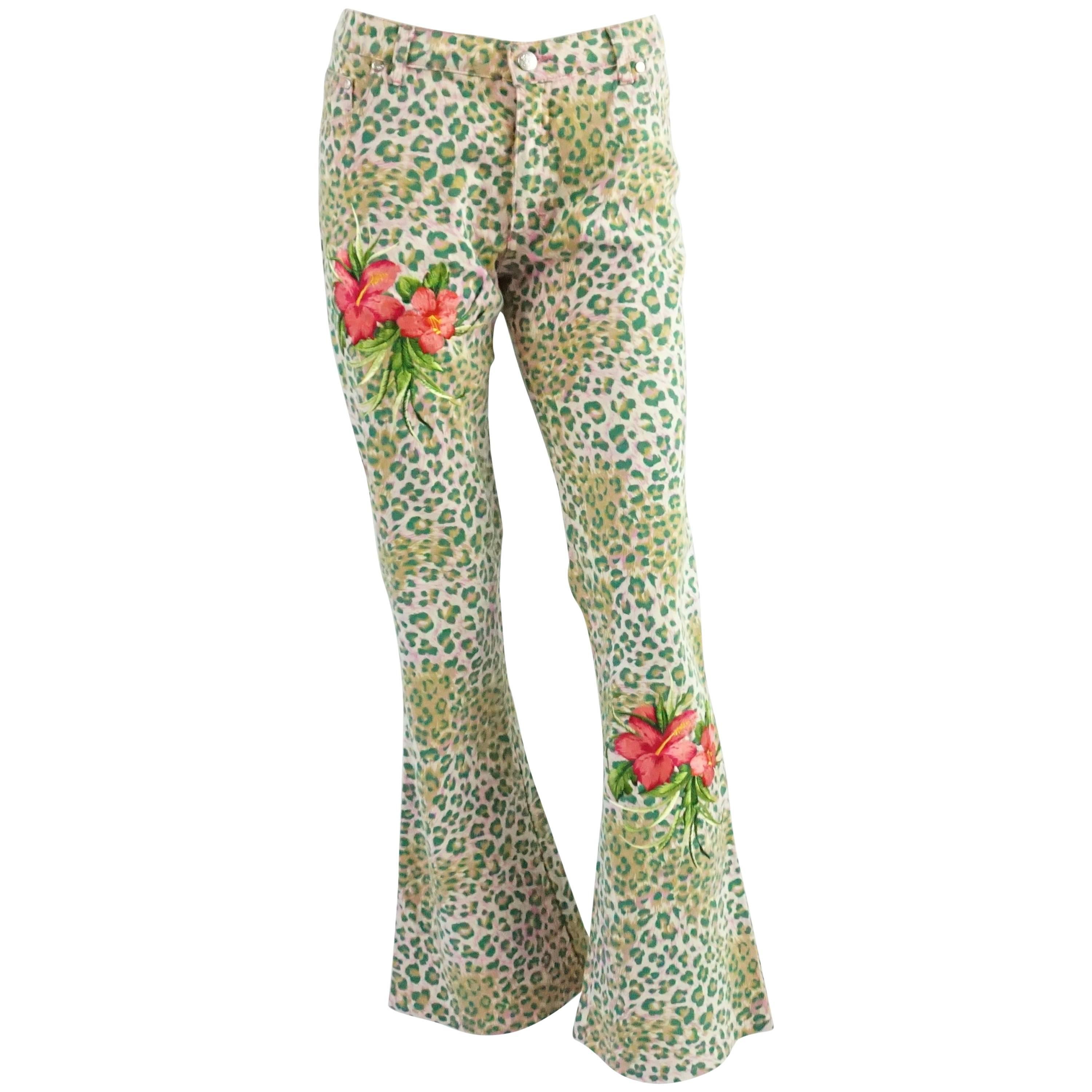 Blumarine Pink and Green Embroidered Animal Print Jeans - 42