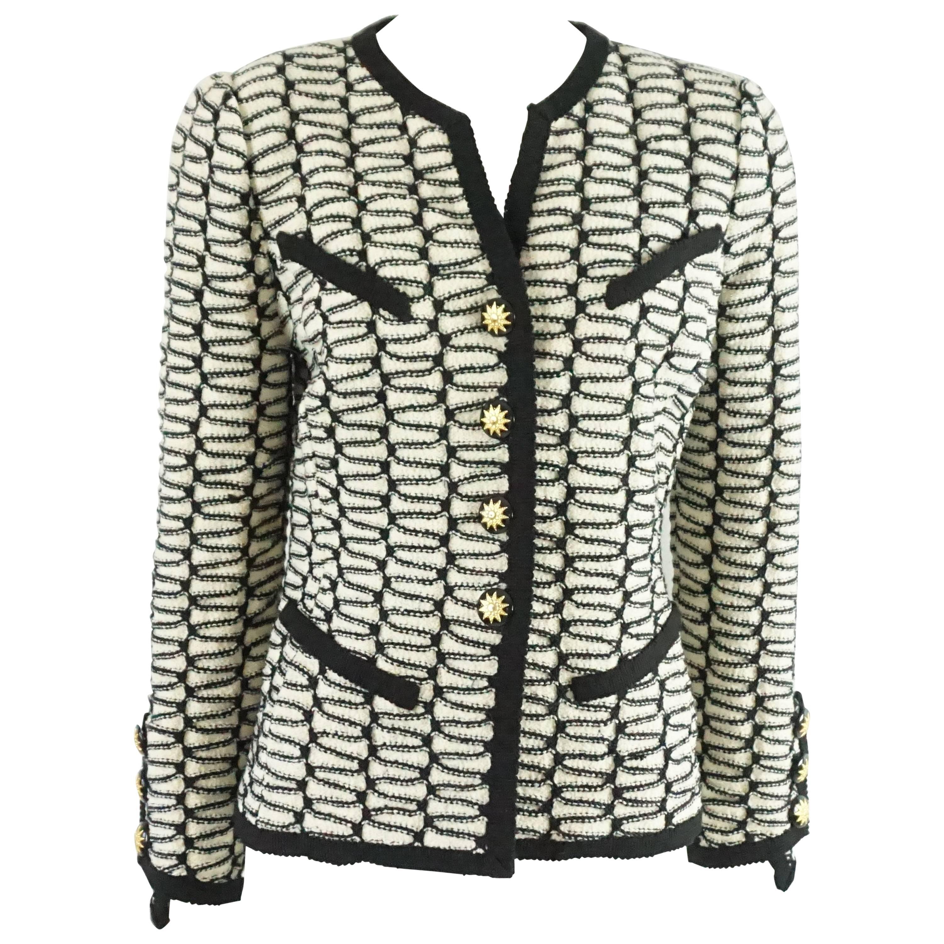 Adolfo Black and Ivory Print Knitted Jacket - M - Circa 70
s