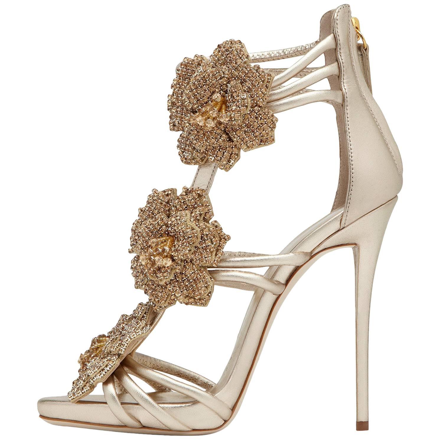 Giuseppe Zanotti New Gold Leather Crystal Flower Evening Sandals Heels in Box