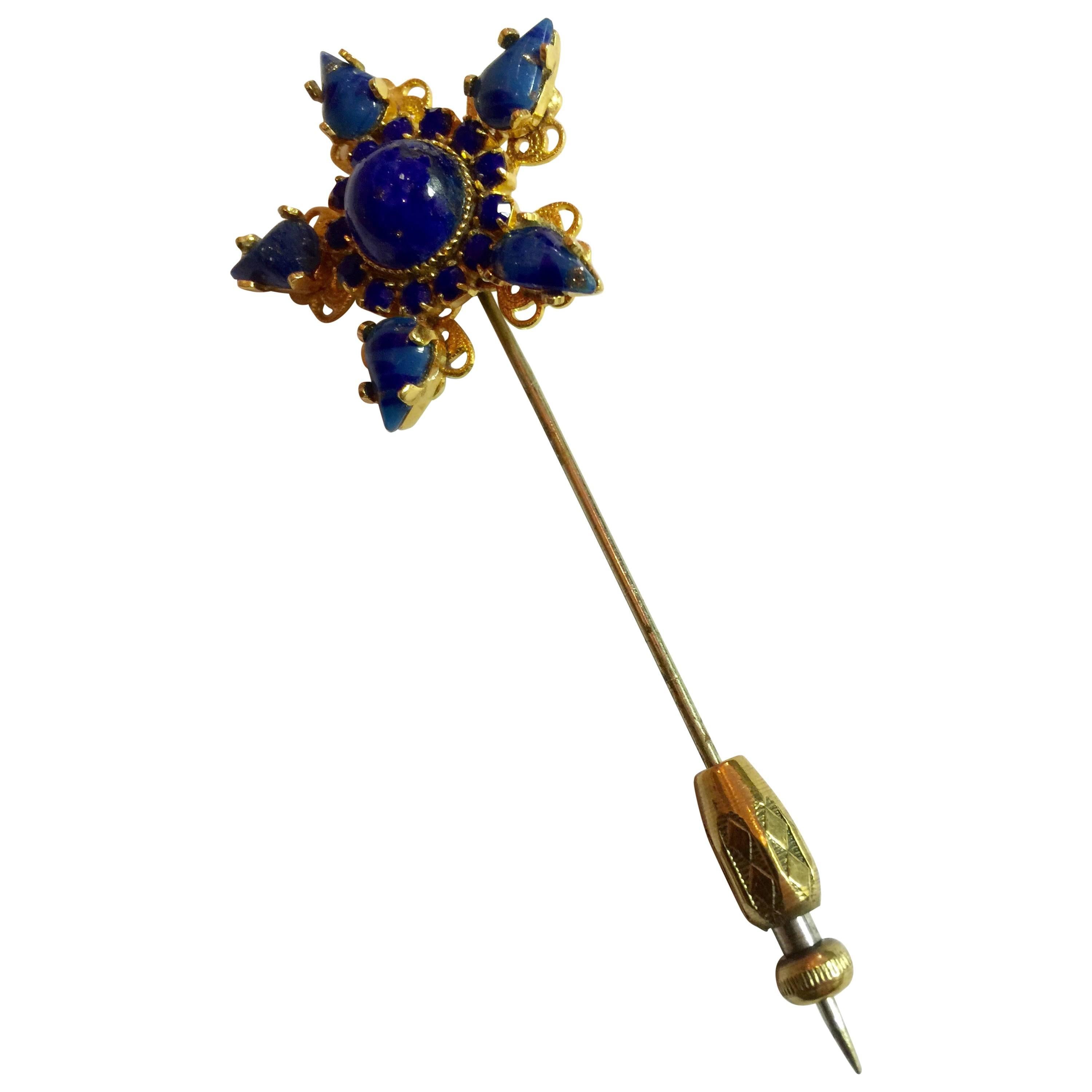 1970s DeLillo Faux Lapis Star Shaped Jabot style Hat Pin Brooch For Sale