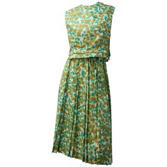 60s Midi with Knife Pleat Skirt Two Piece Formal Summer Set Green Abstract Print