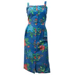 50s Seersucker Floral Print Button Front Summer Dress