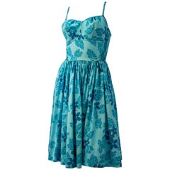 Vintage 50s Blue Floral Hawaiian Dress