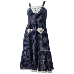 Vintage 70s Western Smock Top Blue Print Summer Dress with Lace Detail