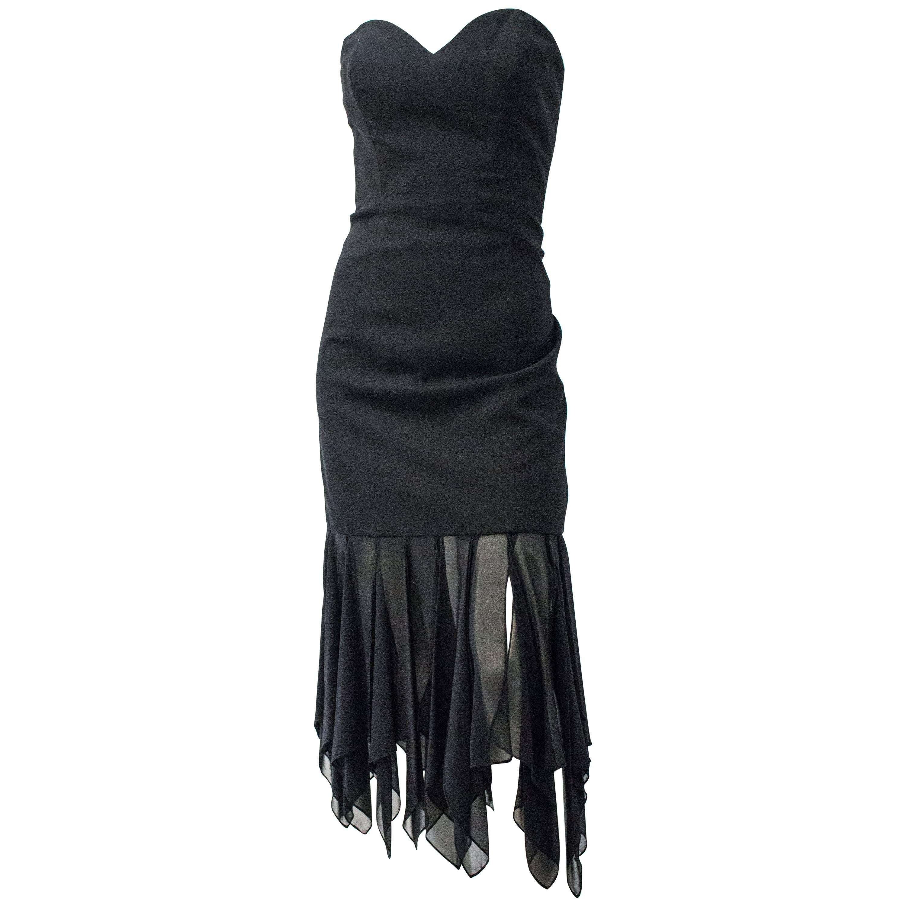 80s I Magnin Black Strapless Dress with Handkerchief Chiffon Hem For Sale