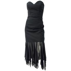 80s I Magnin Black Strapless Dress with Handkerchief Chiffon Hem