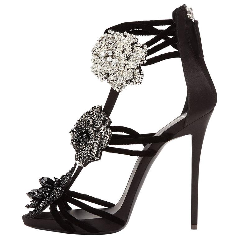 Giuseppe Zanotti New Black Crystal Flower Evening Sandals Heels in Box ...