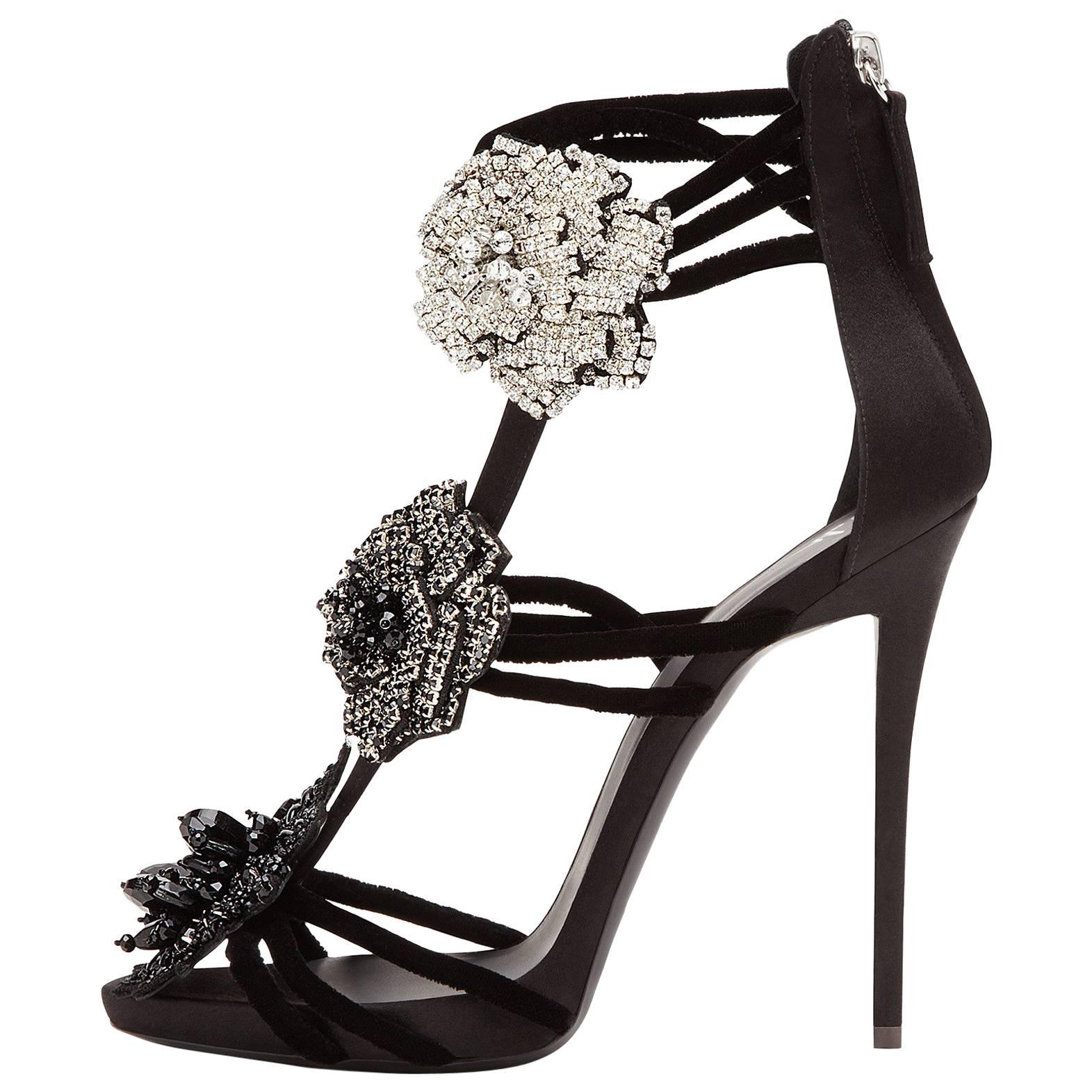 Giuseppe Zanotti New Black Crystal Flower Evening Sandals Heels 