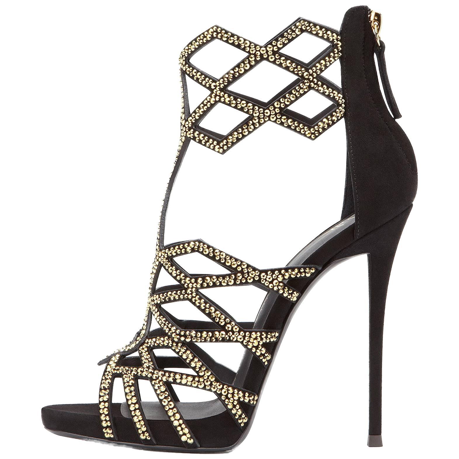 Giuseppe Zanotti New Black Suede Gold Crystal Web Evening Sandals Heels in Box