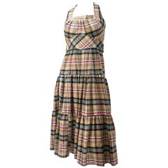 Retro 70s Cotton Plaid Halter Tie Back Summer Day Dress