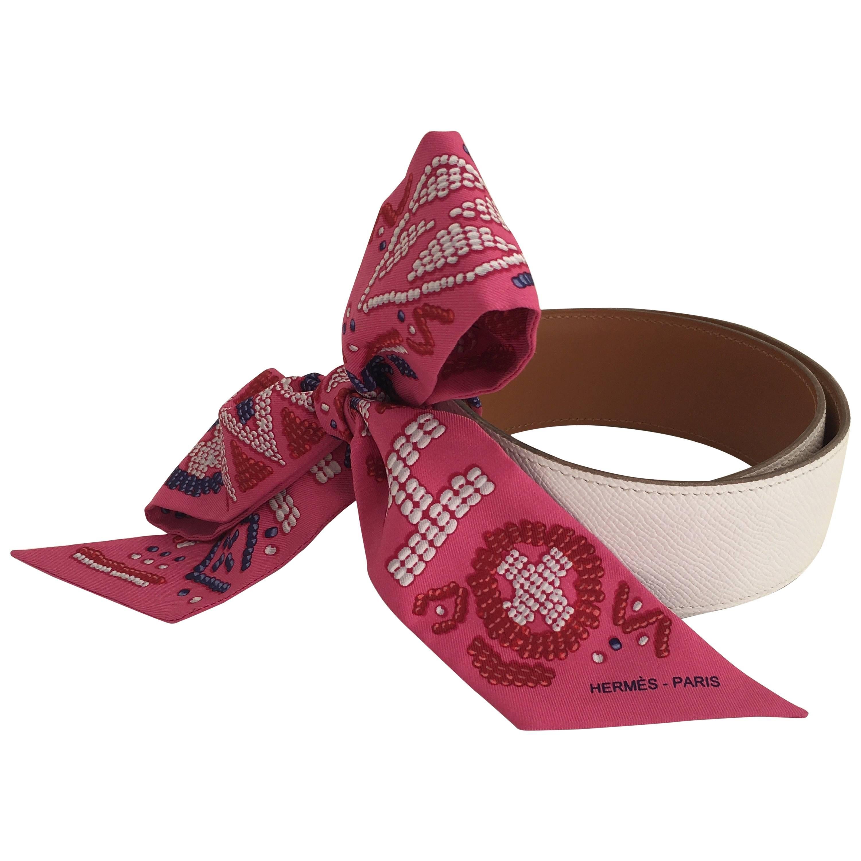 Hermès White Leather Belt with Pink Silk Twilly with White, Red and Blue Design