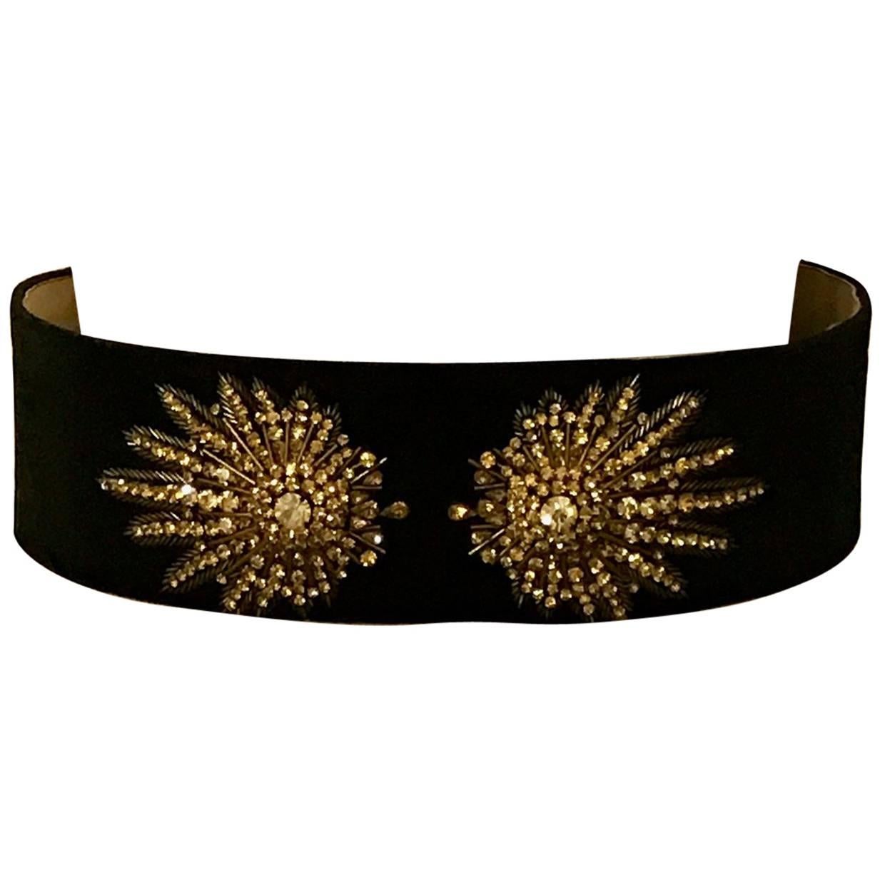 Alexander McQueen Crystal Embellished Black Velvet Wide Waist Snap Belt