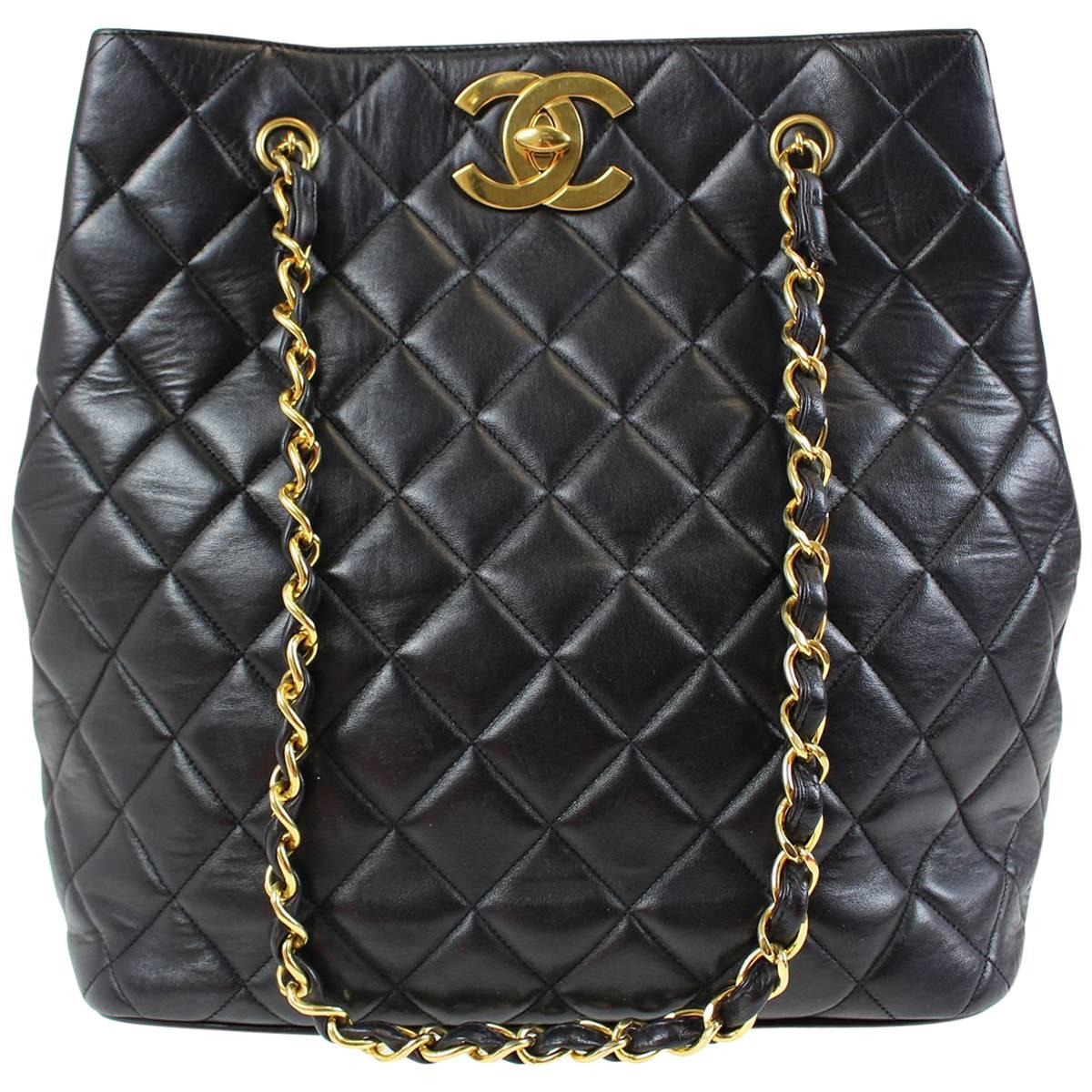 Chanel Black Lambskin Leather Gold Shopper Shoulder Carryall Tote Bag in Box
