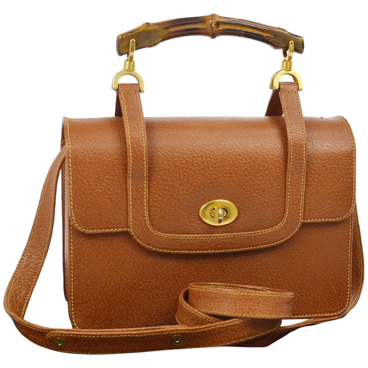 Gucci Vintage Cognac Leather Top Handle Satchel Kelly Style Crossbody Bag
