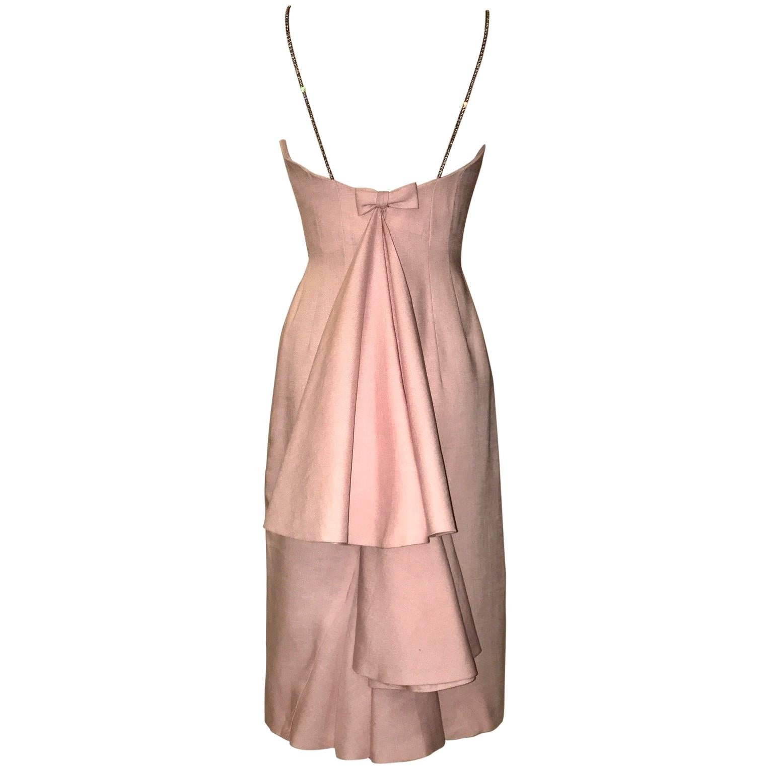 Mr. Blackwell Rhinestone Strap Pink Linen Tiered Fishtail Dress, circa 1959