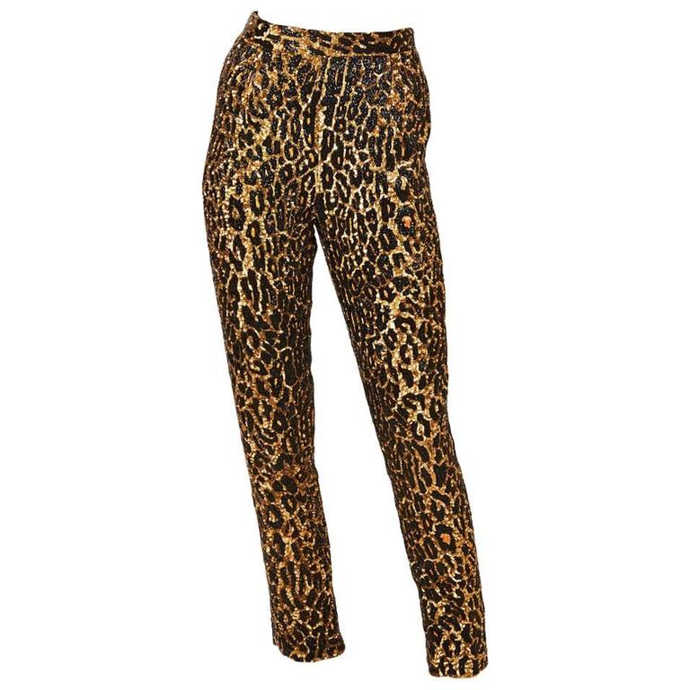 Todd Oldham Leopard Print Pants Encrusted with Sequins and Beading at ...