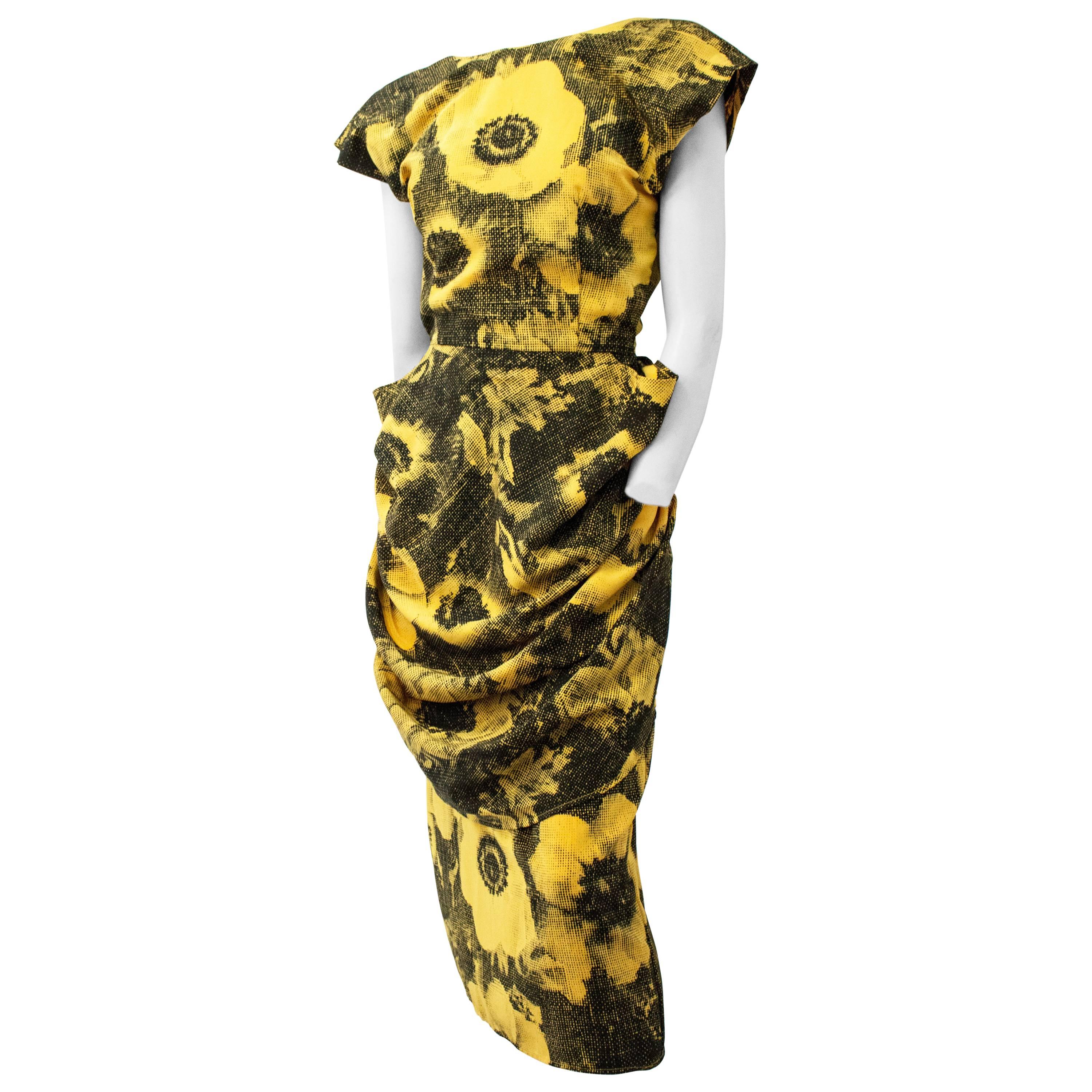 80s Black and Yellow Ben-Day dots Print Dress 